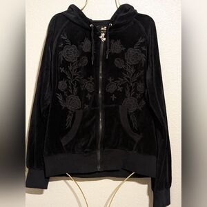 Central Park Black Velour Floral Embroidered Zip Up Hoodie Size L